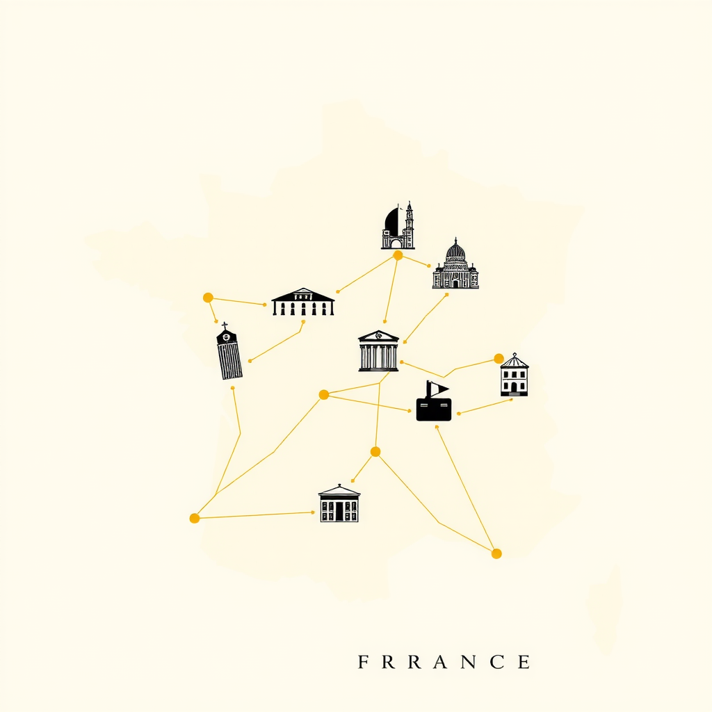 Carte artistique stylisée de la France avec les emplacements des cinq musées régionaux marqués par des icônes élégantes, reliés par des lignes dorées sur un fond crème, évoquant un parcours culturel à travers le pays
