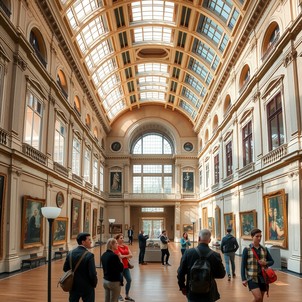 Intérieur élégant d'un musée français avec architecture classique, hauts plafonds, lumière naturelle filtrant à travers de grandes fenêtres, et visiteurs admirant des œuvres d'art dans une galerie spacieuse