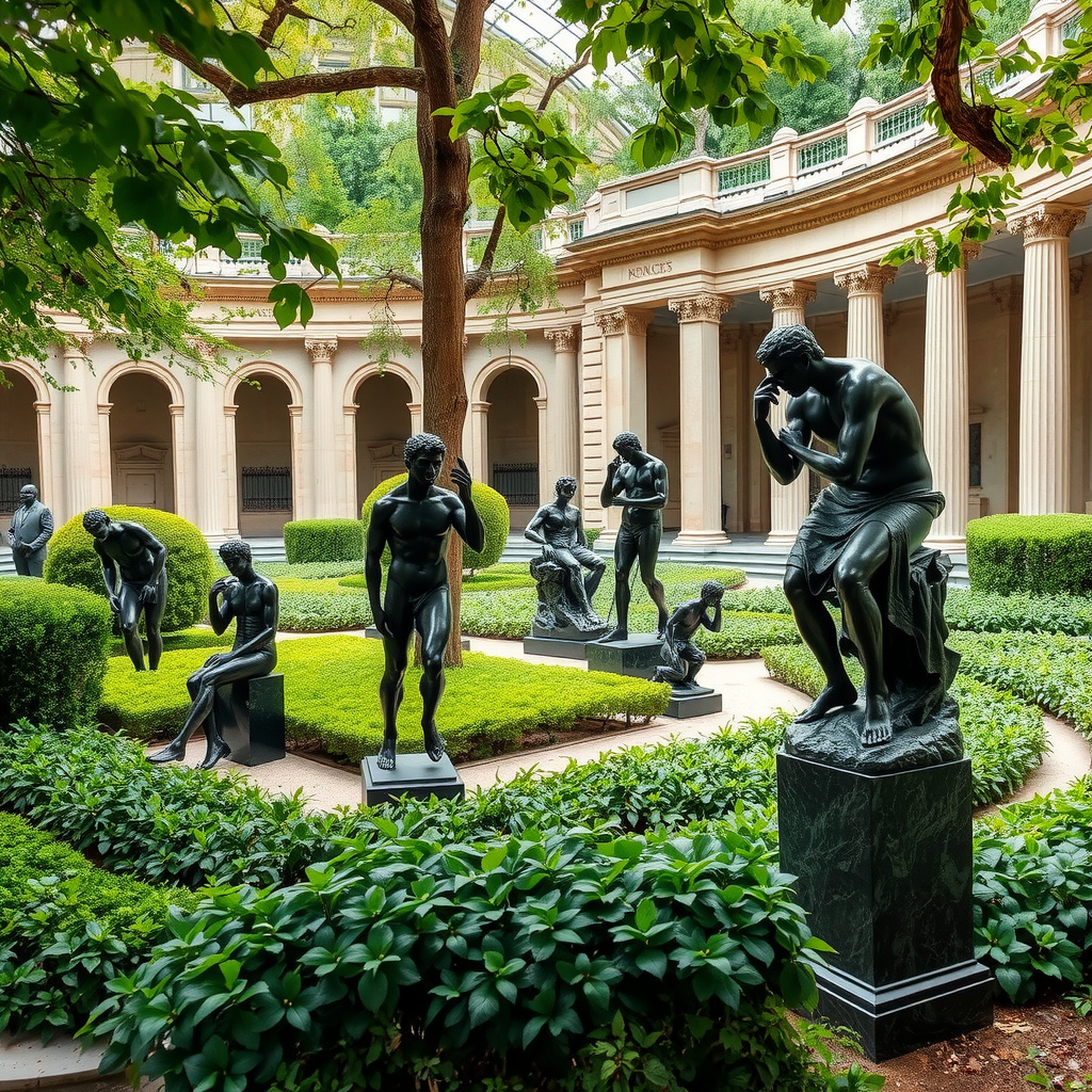 Sculptures en bronze d'Auguste Rodin disposées dans les jardins verdoyants du Musée Rodin à Paris, entourées de végétation luxuriante et d'éléments architecturaux classiques, lumière naturelle douce filtrant à travers les arbres