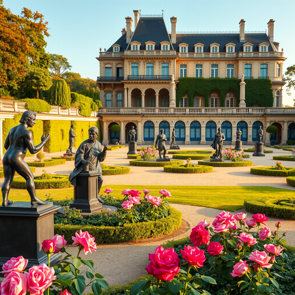 Vue panoramique du jardin du Musée Rodin à Paris montrant des sculptures en bronze d'Auguste Rodin disposées parmi des parterres de roses et des arbustes taillés, avec l'élégant Hôtel Biron du XVIIIe siècle en arrière-plan, photographié dans la lumière dorée de fin d'après-midi