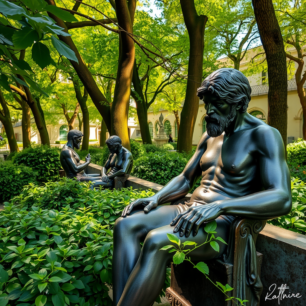 Auguste Rodin's bronze sculptures nestled among lush greenery in the Musée Rodin garden in Paris, with dappled sunlight filtering through trees onto weathered bronze surfaces, showing the intimate dialogue between art and nature