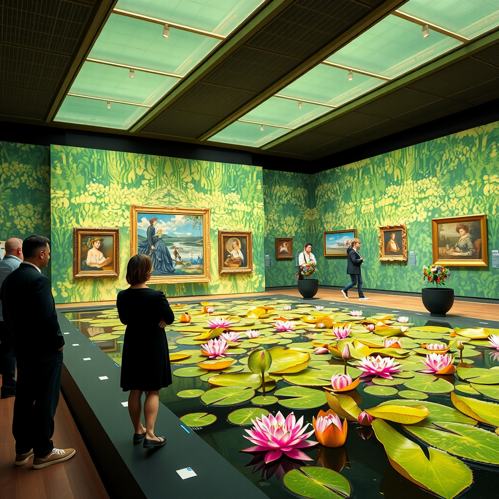 Les célèbres Nymphéas de Claude Monet exposés au Musée de l'Orangerie avec un éclairage innovant moderne et des installations numériques interactives, visiteurs admirant les œuvres impressionnistes dans une ambiance contemporaine