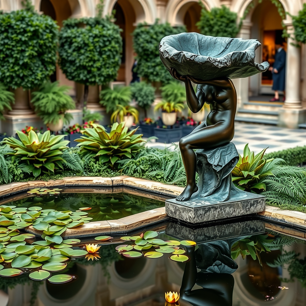 La sculpture L'Ombre d'Auguste Rodin en bronze patiné, positionnée près d'un bassin d'eau calme dans le jardin du Musée Rodin, avec des reflets subtils de la sculpture dans l'eau et des nénuphars flottants, entourée de fougères et d'hostas