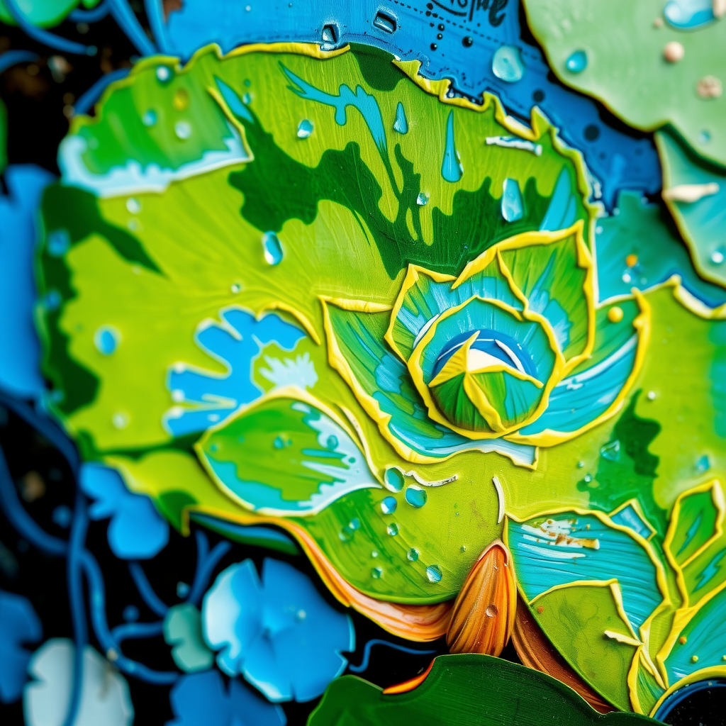 Détail rapproché des coups de pinceau des Nymphéas de Monet sous éclairage spécialisé, révélant des couches de couleur et des textures auparavant invisibles, bleus et verts vibrants émergeant de la toile, technique impressionniste mise en valeur