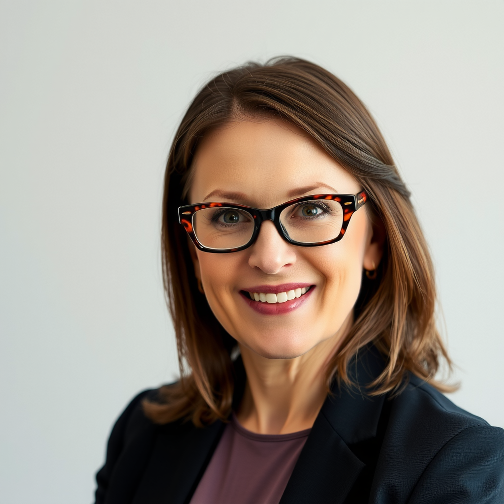 Portrait professionnel de Sophie Chevalier, rédactrice en chef, femme élégante avec des lunettes, sourire chaleureux, fond neutre