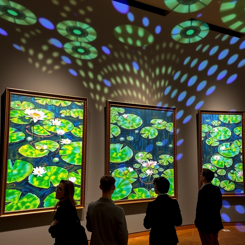 Claude Monet's water lilies paintings displayed in the Musée de l'Orangerie with innovative digital lighting projections creating dynamic shadows and color shifts, modern visitors observing the intersection of Impressionist masterpieces with contemporary technology