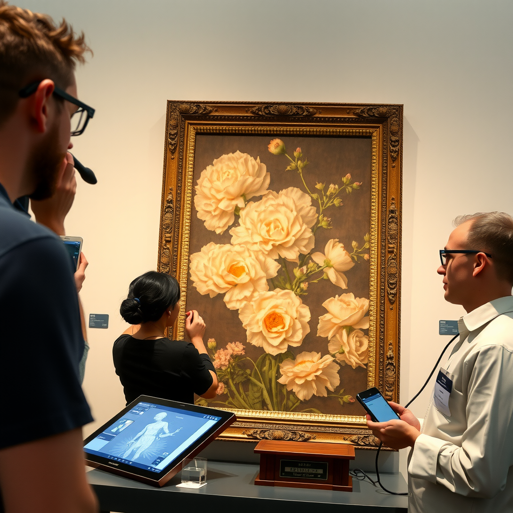 Historiens de l'art et conservateurs examinant une peinture de Monet avec des outils d'analyse modernes, écrans numériques montrant l'imagerie infrarouge et aux rayons X, laboratoire de conservation muséale, approche scientifique de l'histoire de l'art