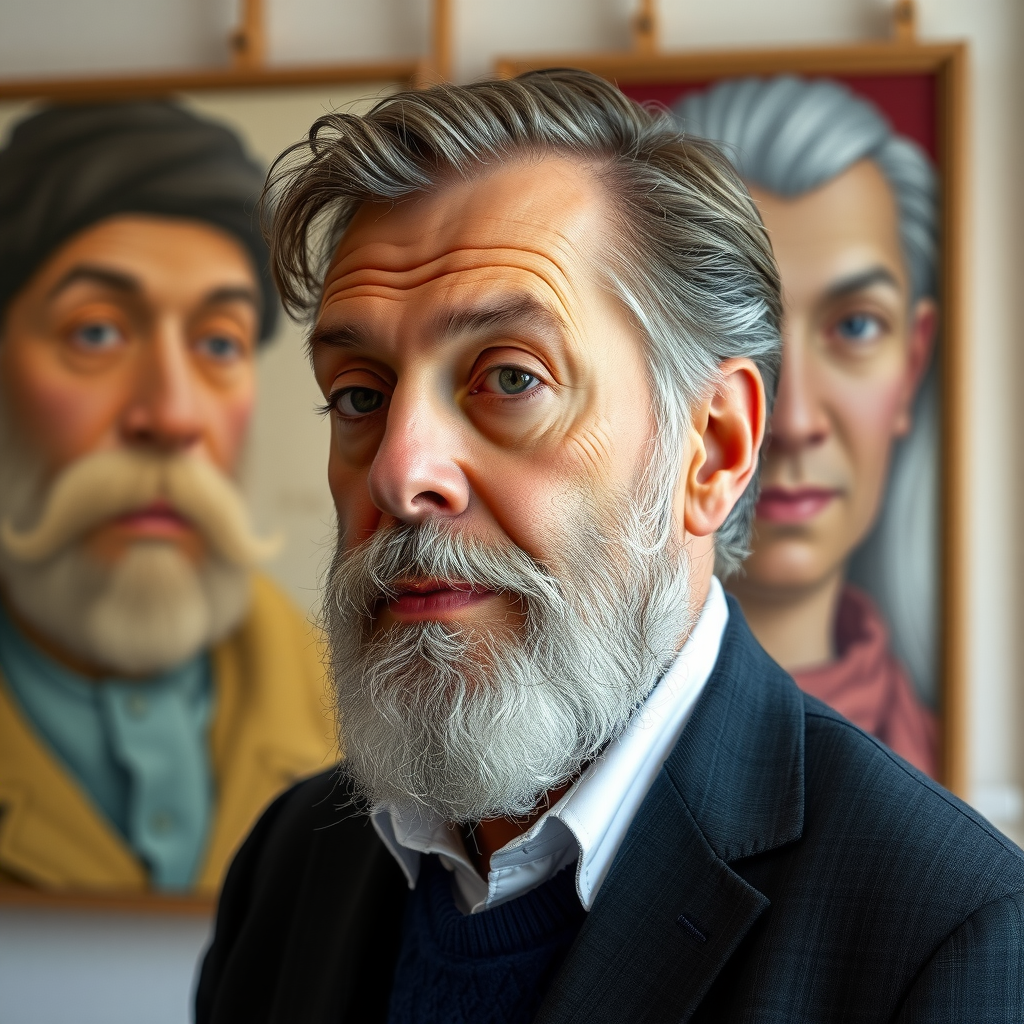 Portrait professionnel de Marc Lefebvre, critique d'art senior, homme distingué avec barbe soignée, regard pensif, fond artistique