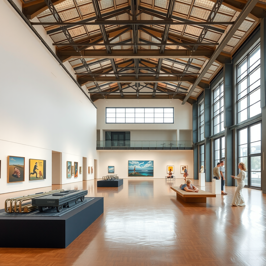 Intérieur du Centre Pompidou avec des œuvres d'art contemporain récemment acquises, installations d'artistes français émergents dans des galeries modernes spacieuses, architecture industrielle iconique et espaces d'exposition innovants