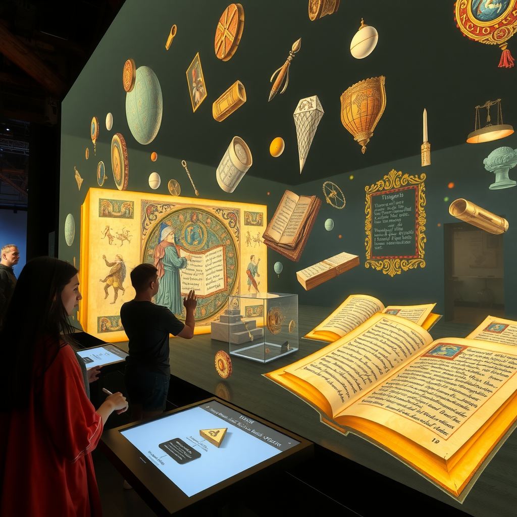 Installation numérique interactive au Musée de Cluny montrant des visiteurs utilisant des écrans tactiles et des projections immersives pour explorer l'art médiéval, avec des visualisations 3D de manuscrits enluminés et d'objets historiques flottant dans l'espace