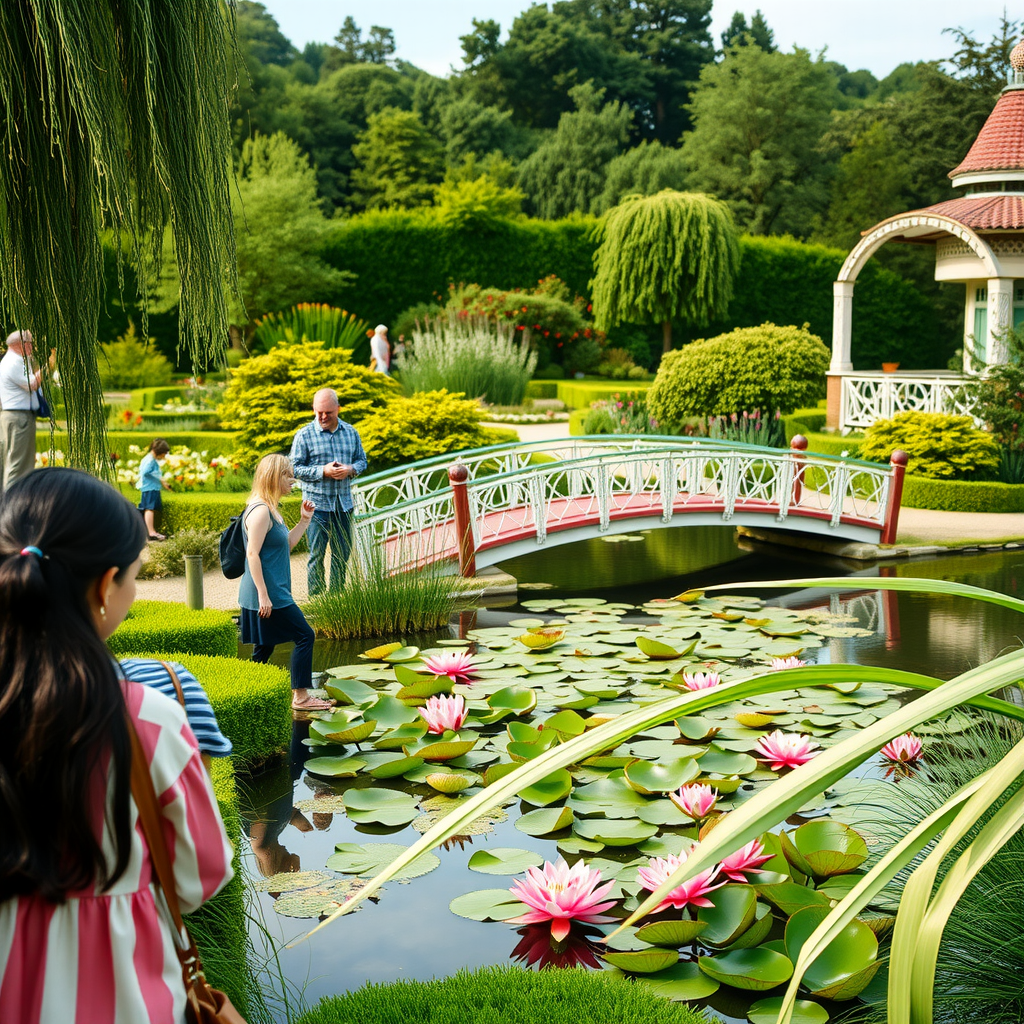 Jardin de Monet à Giverny avec bassin aux nymphéas, pont japonais, végétation luxuriante, visiteurs observant le paysage qui a inspiré des chefs-d'œuvre, beauté naturelle préservée, paradis impressionniste
