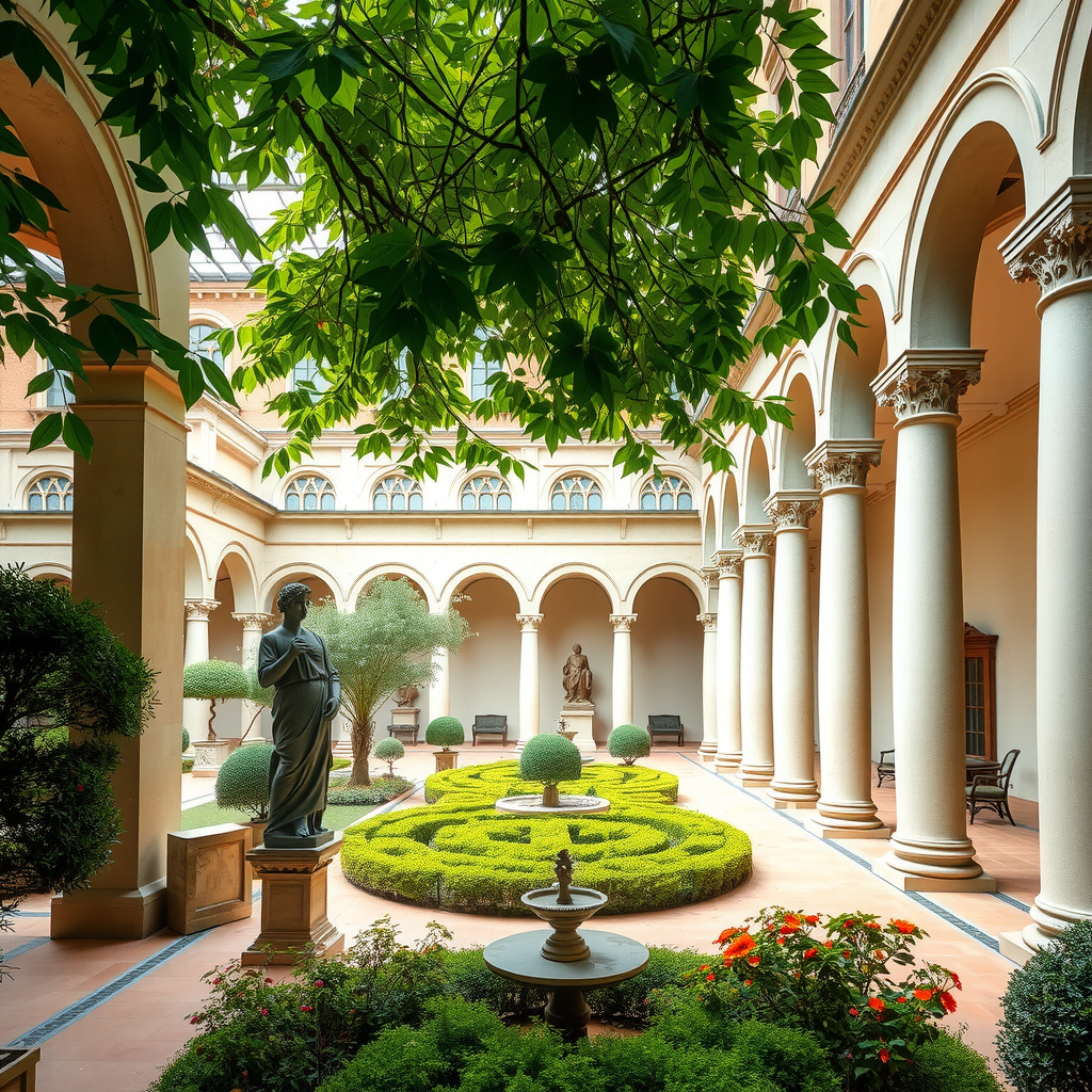 Le cloître paisible du Musée des Beaux-Arts de Lyon avec son jardin intérieur verdoyant, ses arcades élégantes du XVIIe siècle et ses sculptures classiques disposées harmonieusement