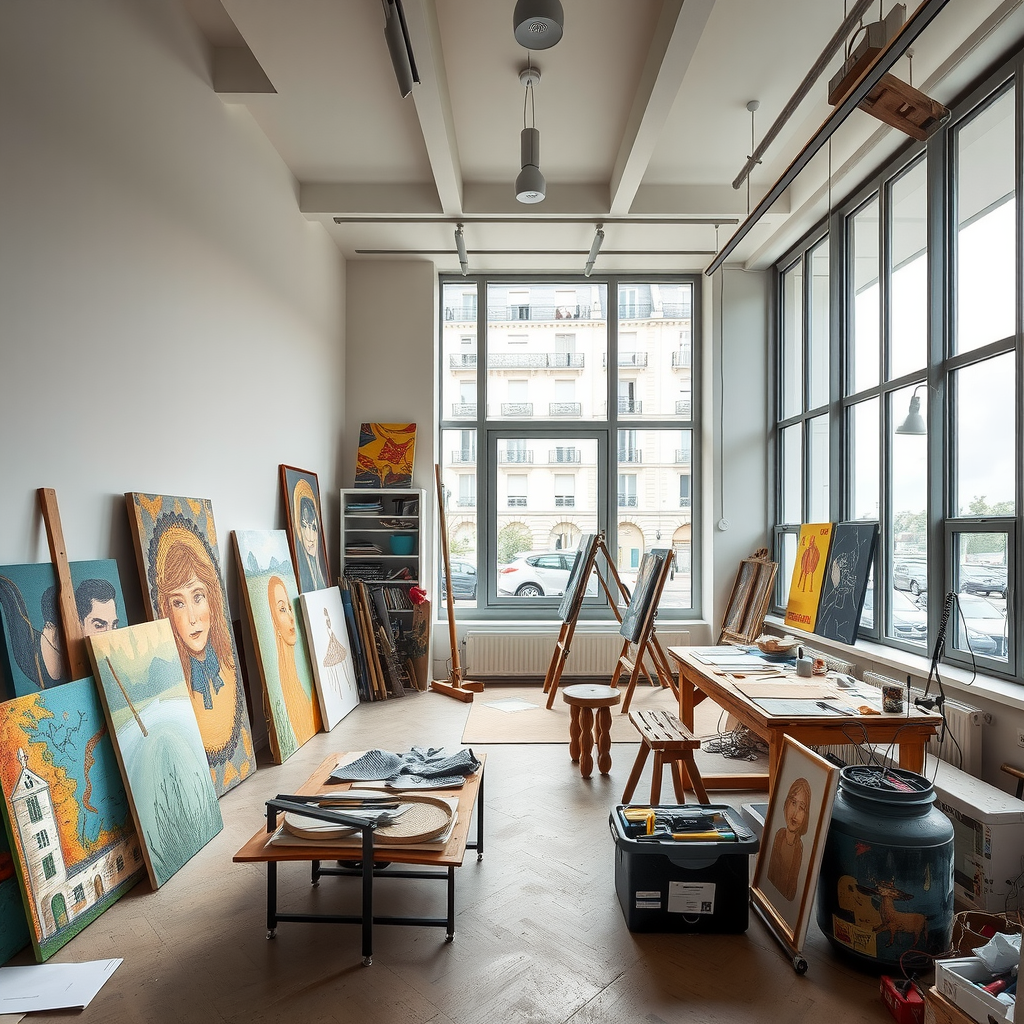 Atelier d'artiste en résidence au Centre Pompidou, avec des œuvres en cours de création, des matériaux artistiques variés et une grande fenêtre offrant une vue sur Paris