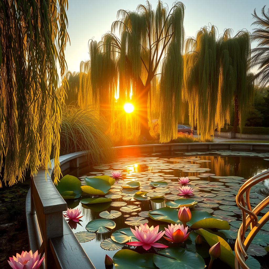 Vue au coucher du soleil du bassin aux nymphéas de Monet à Giverny, lumière dorée se reflétant sur l'eau, saules pleureurs, atmosphère paisible du jardin, beauté intemporelle qui a inspiré d'innombrables chefs-d'œuvre, héritage impressionniste