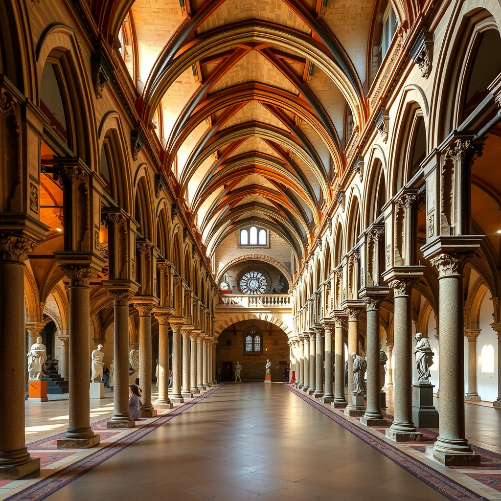 Le grand cloître gothique du Musée des Augustins à Toulouse avec ses arcades élégantes, ses colonnes sculptées et sa collection de sculptures médiévales disposées dans les galeries voûtées baignées de lumière naturelle