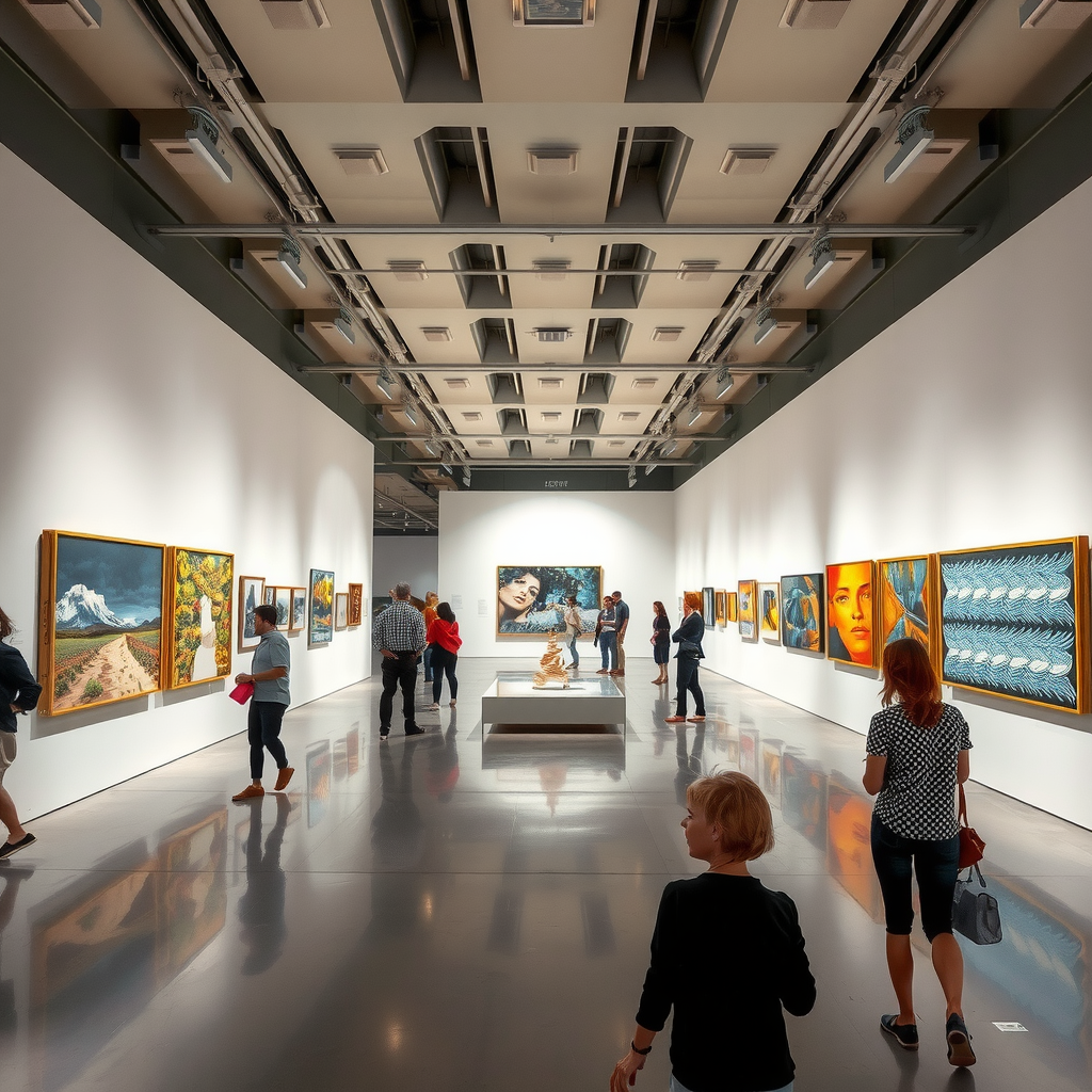 Espace d'exposition d'art moderne avec design contemporain, œuvres d'art innovantes, éclairage dramatique, visiteurs engagés dans l'expérience artistique, atmosphère avant-gardiste