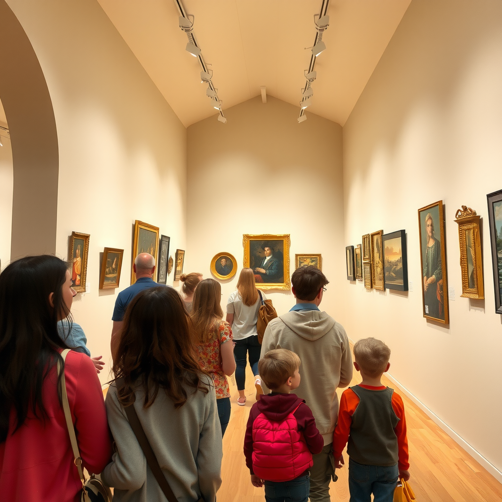 Visiteurs de tous âges contemplant attentivement des œuvres d'art dans une galerie lumineuse d'un musée régional français, créant une atmosphère de découverte culturelle et d'émerveillement